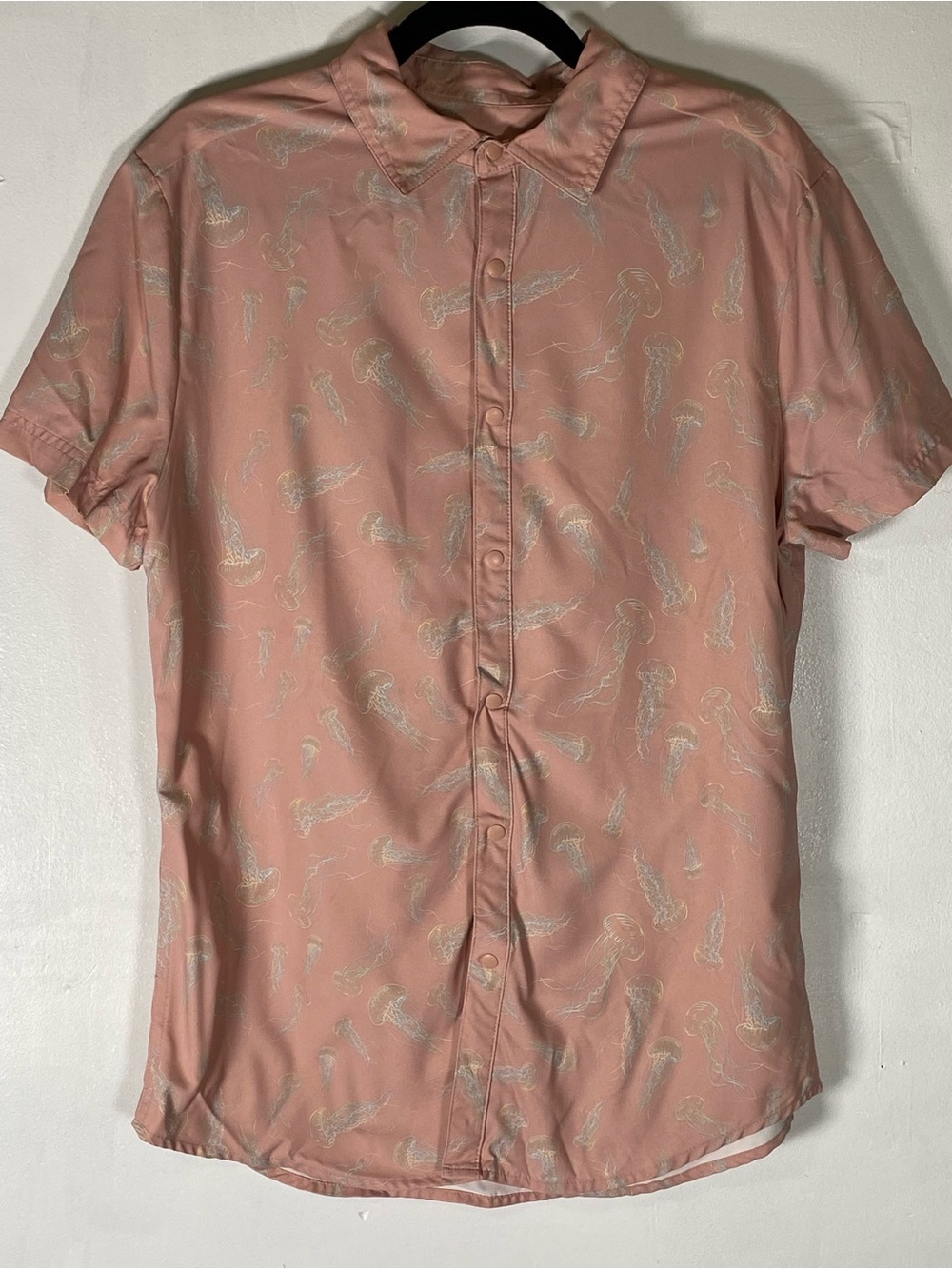 Jellyfish Button Up Shirt Pink Coastal Beachy M Snap Button Resortwear